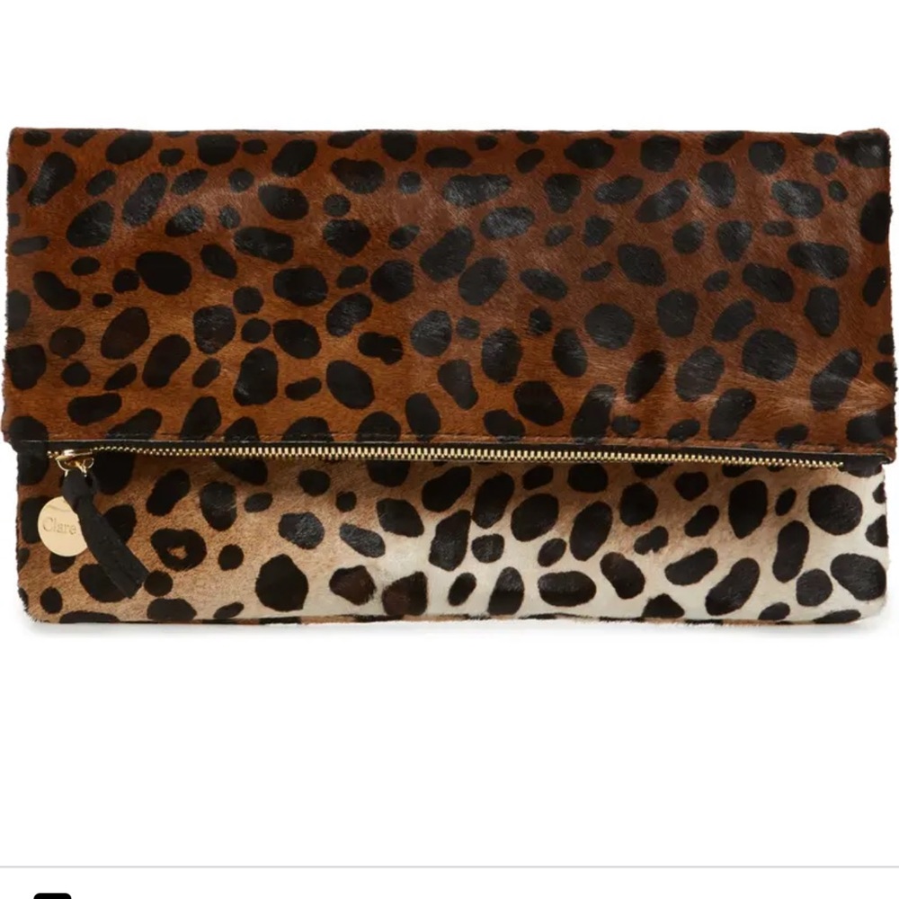 Clare V genuine calf hair leopard gold over clutch